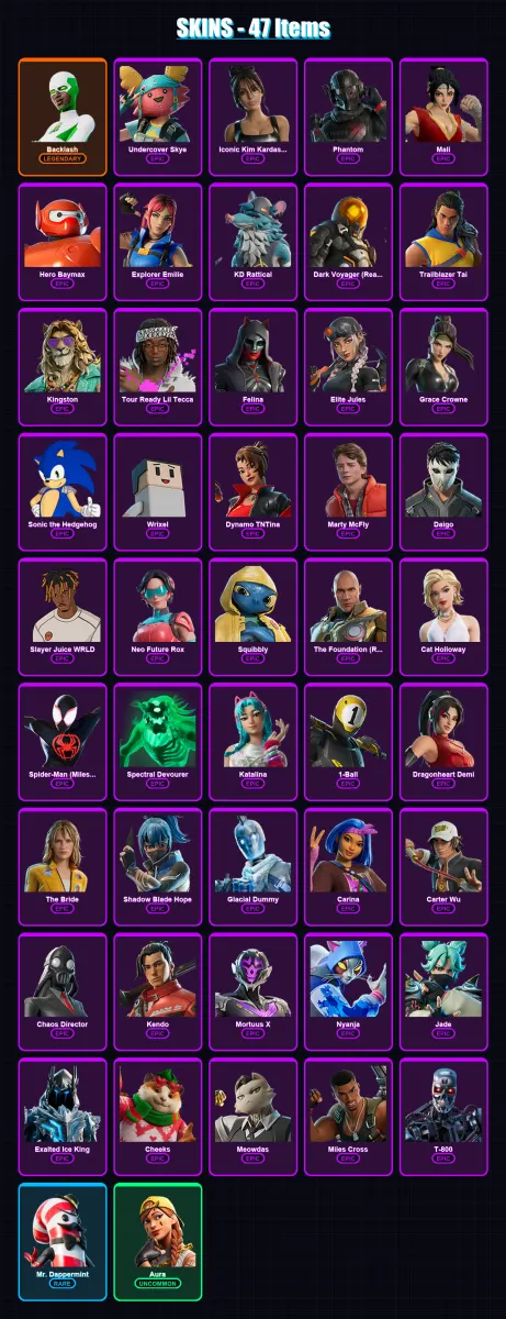 [PC/PSN] | Backlash | Undercover Skye | Iconic Kim Kardashian | Phantom | Mali | 47 skin | 77 pickaxe | 40 emote | 53 glider | Lv939 — Game account
