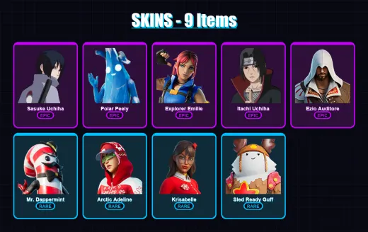 [PC/XBOX/PSN] | Sasuke Uchiha | Polar Peely | Explorer Emilie | Itachi Uchiha | Ezio Auditore | 9 skin | 20 pickaxe | 13 emote | 20 glider | Lv234