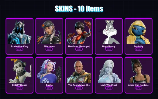[PC/XBOX/PSN] | Exalted Ice King | Elite Jules | The Order (Reforged) | Bugs Bunny | Squibbly | 10 skin | 25 pickaxe | 15 emote | 25 glider | Lv203