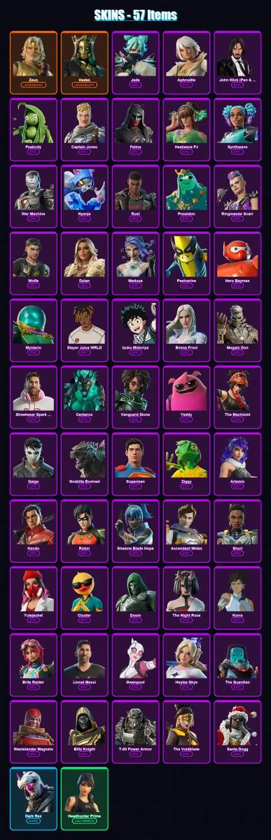 [PS4/PS5/XBOX/PC] | Zeus | Hades | Jade | Aphrodite | John Wick (Pen & Ink) | 57 skin | 104 pickaxe | 72 emote | 80 glider | Lv1203
