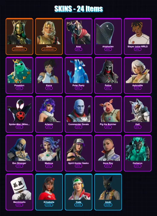 [PC/XBOX/PSN] | Hades | Zeus | Ares | Airphorian | Slayer Juice WRLD | 24 skin | 47 pickaxe | 23 emote | 38 glider | Lv481