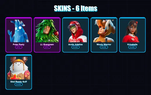 [PC/XBOX/PSN] | Polar Peely | Lt. Evergreen | Arctic Adeline | Wooly Warrior | Krisabelle | 6 skin | 11 pickaxe | 7 emote | 10 glider | Lv75