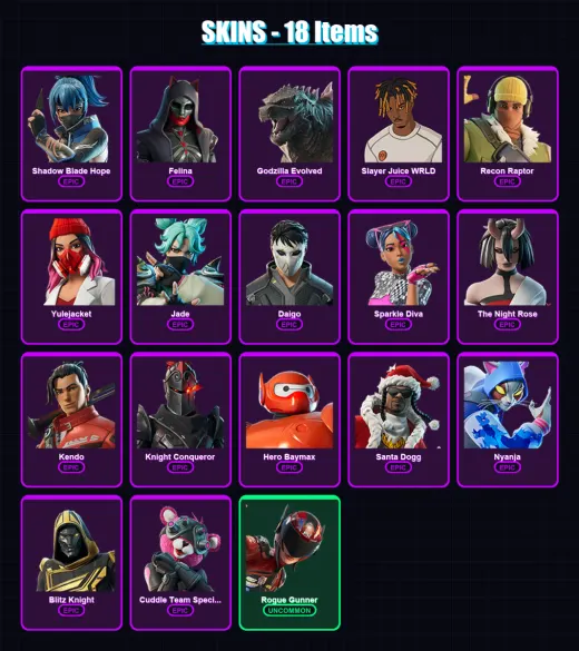 [PC/XBOX/PSN] | Shadow Blade Hope | Felina | Godzilla Evolved | Slayer Juice WRLD | Recon Raptor | 18 skin | 48 pickaxe | 36 emote | 32 glider | Lv8