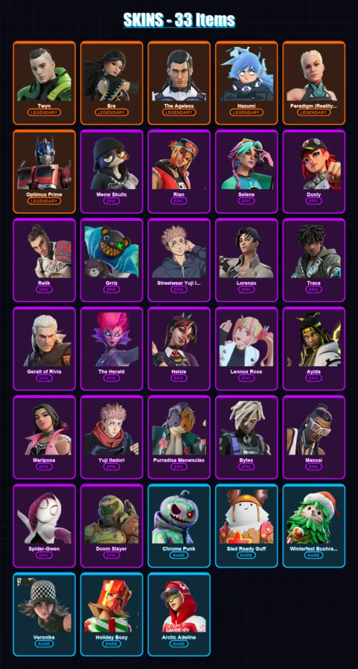 [PS4/PS5/XBOX/PC] | Twyn | Era | The Ageless | Nezumi | Paradigm (Reality-659) | 33 skin | 40 pickaxe | 28 emote | 39 glider | Lv518