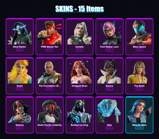 [PC/PSN] | Skull Raider | FIRE Master Kai | Carletta | Void Walker Lynx | Maxx Speed | 15 skin | 7 pickaxe | 3 emote | 2 glider | Lv5