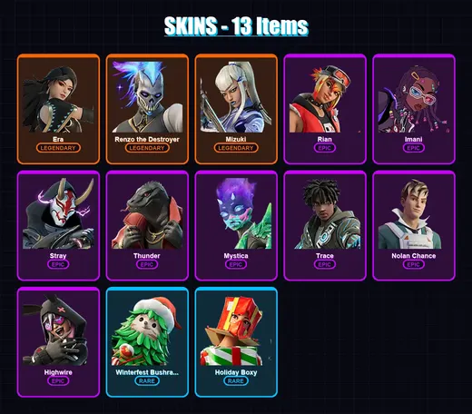 [PC/XBOX/PSN] | Era | Renzo the Destroyer | Mizuki | Rian | Imani | 13 skin | 14 pickaxe | 12 emote | 20 glider | Lv156