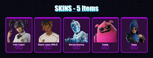 [PC/PSN] | Yuki Yubari | Slayer Juice WRLD | Glacial Dummy | Yeddy | Hope | 5 skin | 49 pickaxe | 20 emote | 35 glider | Lv656