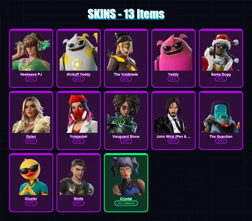 [PC/XBOX/PSN] | Heatwave PJ | Kickoff Yeddy | The Voidblade | Yeddy | Santa Dogg | 13 skin | 49 pickaxe | 25 emote | 35 glider | Lv412