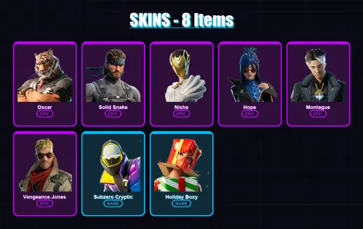 [PS4/PS5/XBOX/PC] | Oscar | Solid Snake | Nisha | Hope | Montague | 8 skin | 11 pickaxe | 10 emote | 13 glider | Lv99