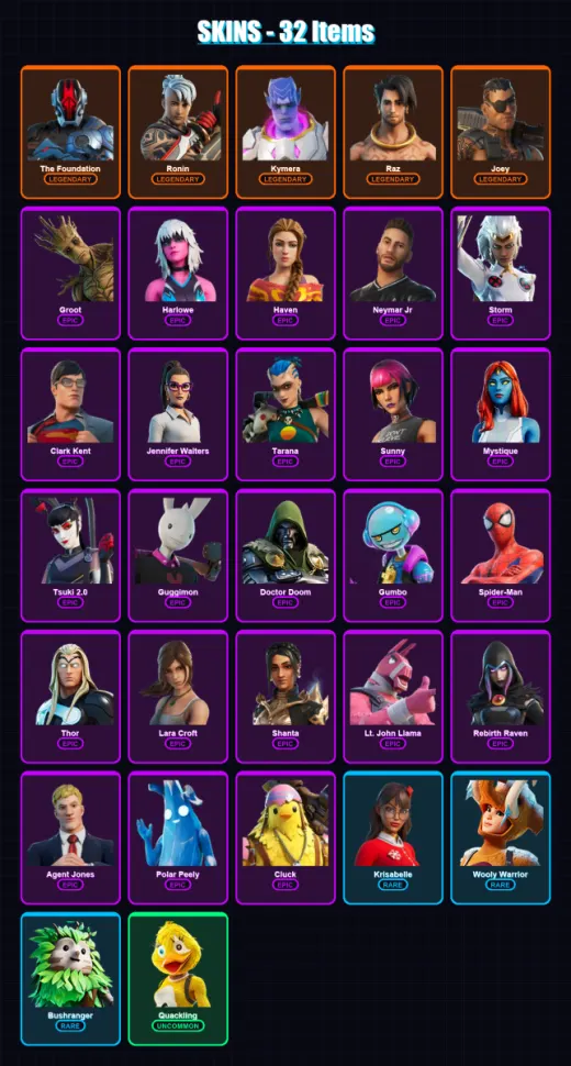 [SWITCH/XBOX/PSN/PC] | The Foundation | Ronin | Kymera | Raz | Joey | 32 skin | 40 pickaxe | 38 emote | 41 glider | Lv700