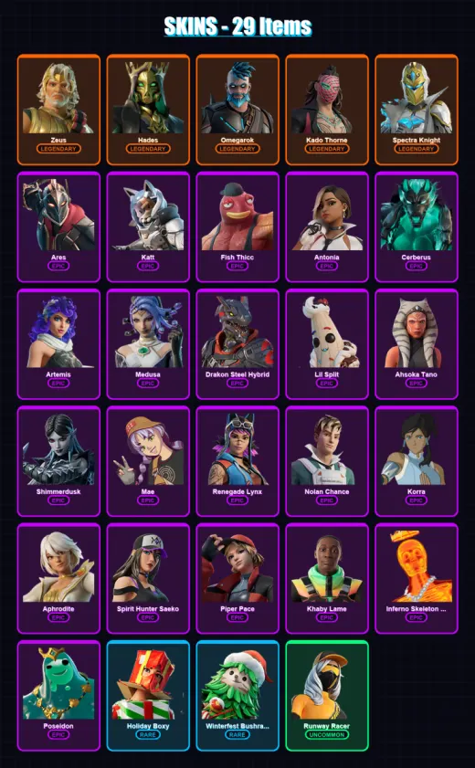 [PS4/PS5/XBOX/PC] | Zeus | Hades | Omegarok | Kado Thorne | Spectra Knight | 29 skin | 50 pickaxe | 36 emote | 37 glider | Lv504