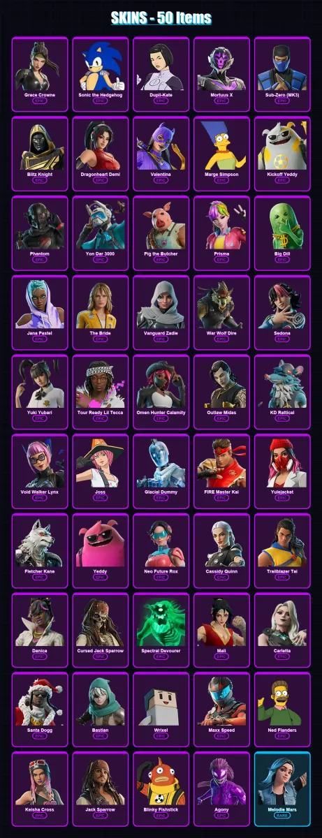 [PS4/PS5/PC] | Grace Crowne | Sonic the Hedgehog | Dupli-Kate | Mortuus X | Sub-Zero (MK3) | 50 skin | 96 pickaxe | 42 emote | 48 glider | Lv1496