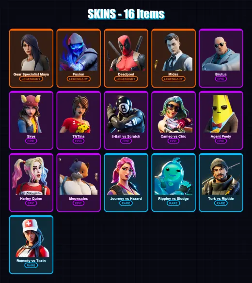 [PC/XBOX/PSN] | Gear Specialist Maya | Fusion | Deadpool | Midas | Brutus | 16 skin | 20 pickaxe | 25 emote | 19 glider | Lv477