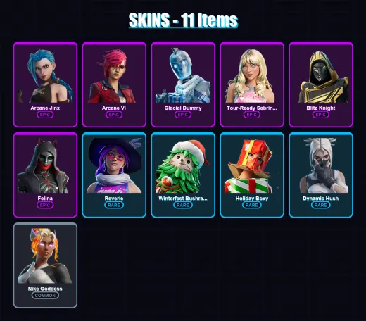 [PC/PSN] | Arcane Jinx | Arcane Vi | Glacial Dummy | Tour-Ready Sabrina Carpenter | Blitz Knight | 11 skin | 59 pickaxe | 23 emote | 40 glider | Lv4