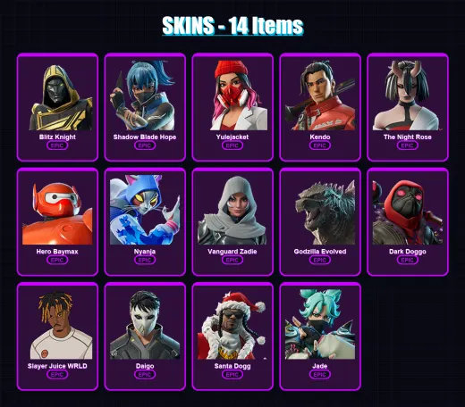 [PC/XBOX/PSN] | Blitz Knight | Shadow Blade Hope | Yulejacket | Kendo | The Night Rose | 14 skin | 42 pickaxe | 23 emote | 26 glider | Lv327