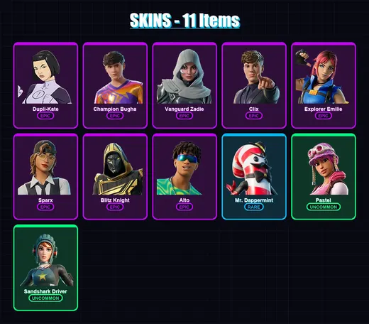 [PS4/PS5/XBOX/PC] | Dupli-Kate | Champion Bugha | Vanguard Zadie | Clix | Explorer Emilie | 11 skin | 34 pickaxe | 16 emote | 23 glider | Lv511 — Game account