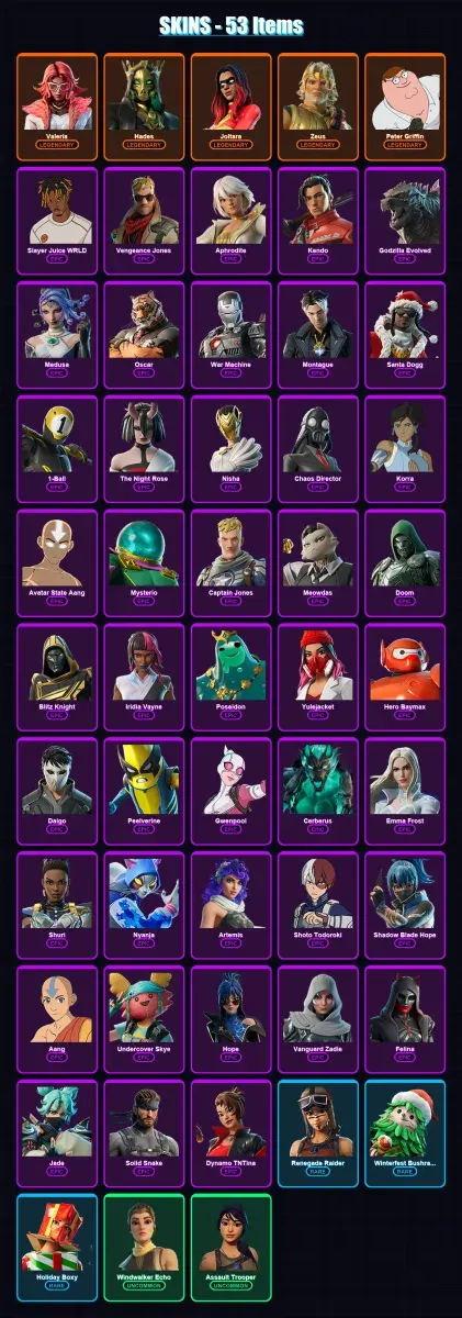 [PS4/PS5/XBOX/PC] | Valeria | Hades | Joltara | Zeus | Peter Griffin | 53 skin | 100 pickaxe | 69 emote | 69 glider | Lv1587