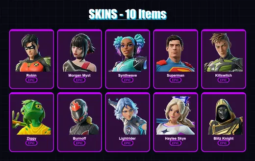 [PC/PSN] | Robin | Morgan Myst | Synthwave | Superman | Killswitch | 10 skin | 18 pickaxe | 18 emote | 18 glider | Lv228