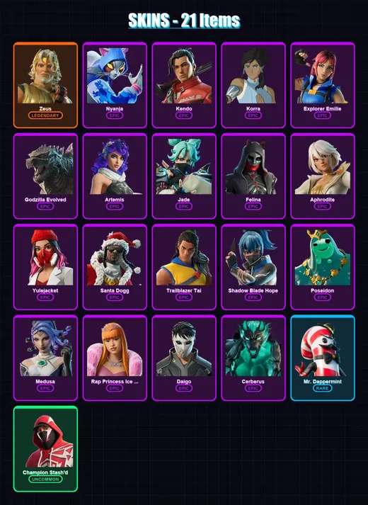 [PC/XBOX/PSN] | Zeus | Nyanja | Kendo | Korra | Explorer Emilie | 21 skin | 47 pickaxe | 29 emote | 34 glider | Lv495
