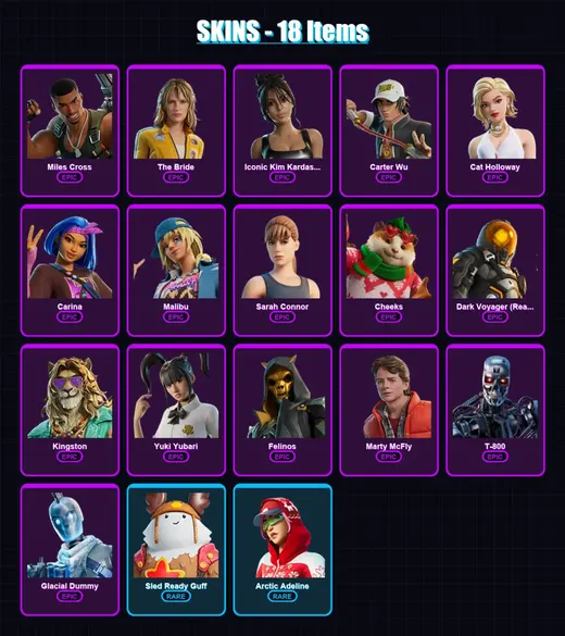 [PC/XBOX/PSN] | Miles Cross | The Bride | Iconic Kim Kardashian | Carter Wu | Cat Holloway | 18 skin | 45 pickaxe | 23 emote | 27 glider | Lv971