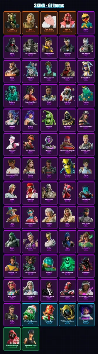 [PC] | Hades | Zeus | Peter Griffin | Valeria | Cluster | 67 skin | 117 pickaxe | 82 emote | 76 glider | Lv1232