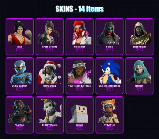 [SWITCH/XBOX/PSN/PC] | Mali | Grace Crowne | Yulejacket | Felina | Blitz Knight | 14 skin | 59 pickaxe | 24 emote | 32 glider | Lv754