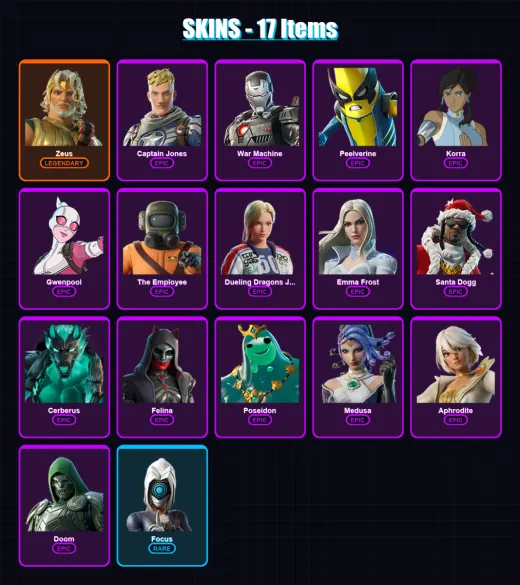 [PC/XBOX/PSN] | Zeus | Captain Jones | War Machine | Peelverine | Korra | 17 skin | 45 pickaxe | 28 emote | 32 glider | Lv375