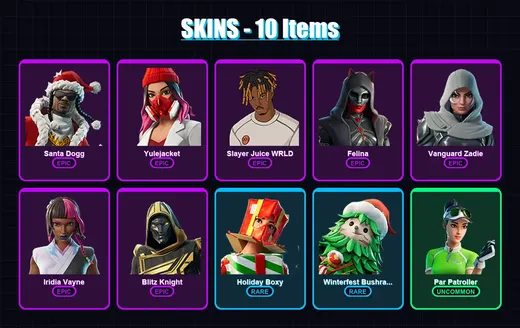 [SWITCH/XBOX/PSN/PC] | Santa Dogg | Yulejacket | Slayer Juice WRLD | Felina | Vanguard Zadie | 10 skin | 59 pickaxe | 31 emote | 41 glider | Lv882