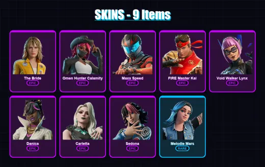 [PC/PSN] | The Bride | Omen Hunter Calamity | Maxx Speed | FIRE Master Kai | Void Walker Lynx | 9 skin | 3 pickaxe | 2 emote | 1 glider | Lv2