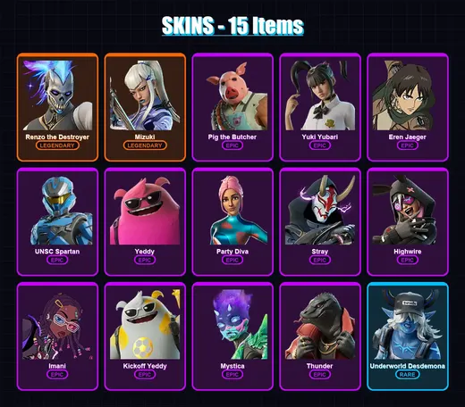 [PC/PSN] | Renzo the Destroyer | Mizuki | Pig the Butcher | Yuki Yubari | Eren Jaeger | 15 skin | 56 pickaxe | 34 emote | 38 glider | Lv752