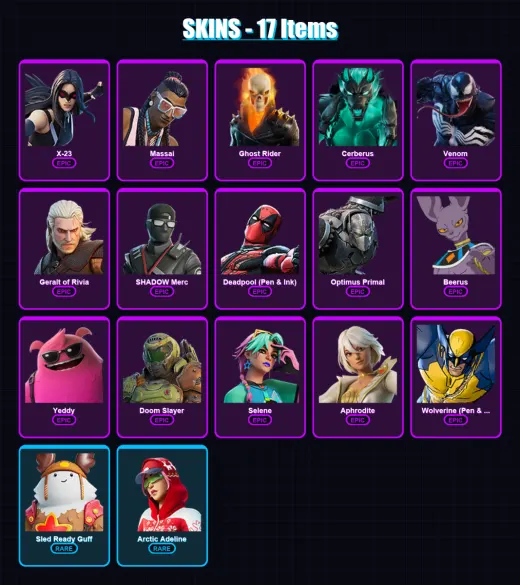 [PC/XBOX/PSN] | X-23 | Massai | Ghost Rider | Cerberus | Venom | 17 skin | 39 pickaxe | 27 emote | 34 glider | Lv238