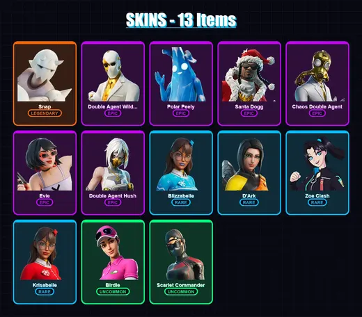 [PC/XBOX/PSN] | Snap | Double Agent Wildcard | Polar Peely | Santa Dogg | Chaos Double Agent | 13 skin | 15 pickaxe | 10 emote | 12 glider | Lv113 — Game account