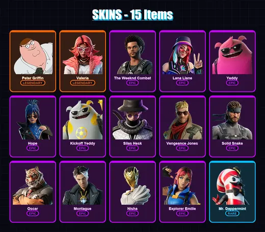 [PC/XBOX] | Peter Griffin | Valeria | The Weeknd Combat | Lana Llane | Yeddy | 15 skin | 23 pickaxe | 11 emote | 15 glider | Lv161