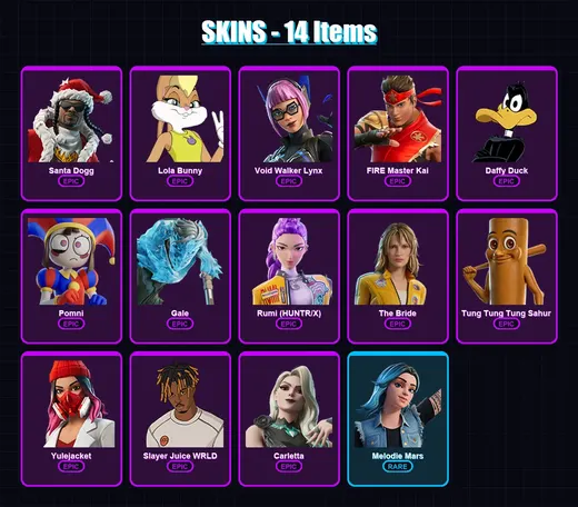 [PC/PSN] | Santa Dogg | Lola Bunny | Void Walker Lynx | FIRE Master Kai | Daffy Duck | 14 skin | 27 pickaxe | 7 emote | 13 glider | Lv86