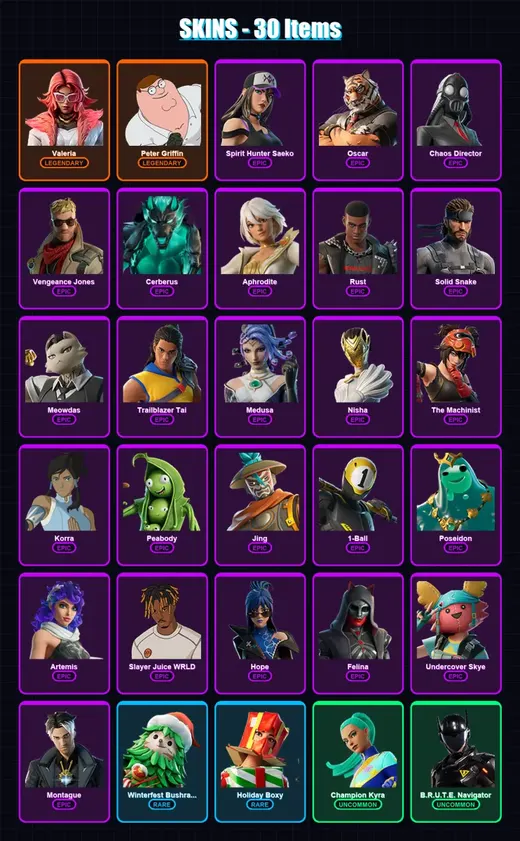 [PC/XBOX/PSN] | Valeria | Peter Griffin | Spirit Hunter Saeko | Oscar | Chaos Director | 30 skin | 45 pickaxe | 39 emote | 28 glider | Lv413
