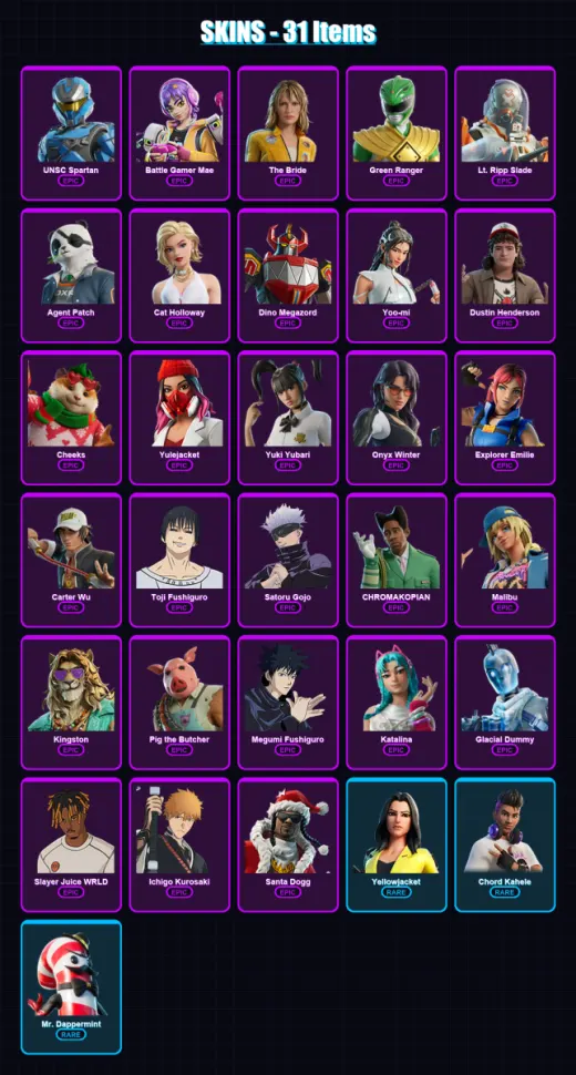 [PC/XBOX/PSN] | UNSC Spartan | Battle Gamer Mae | The Bride | Green Ranger | Lt. Ripp Slade | 31 skin | 73 pickaxe | 35 emote | 36 glider | Lv412