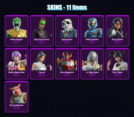 [PC/PSN] | Green Ranger | Bug Punk Sunny | Agent Patch | UNSC Spartan | Onyx Winter | 11 skin | 58 pickaxe | 30 emote | 43 glider | Lv734