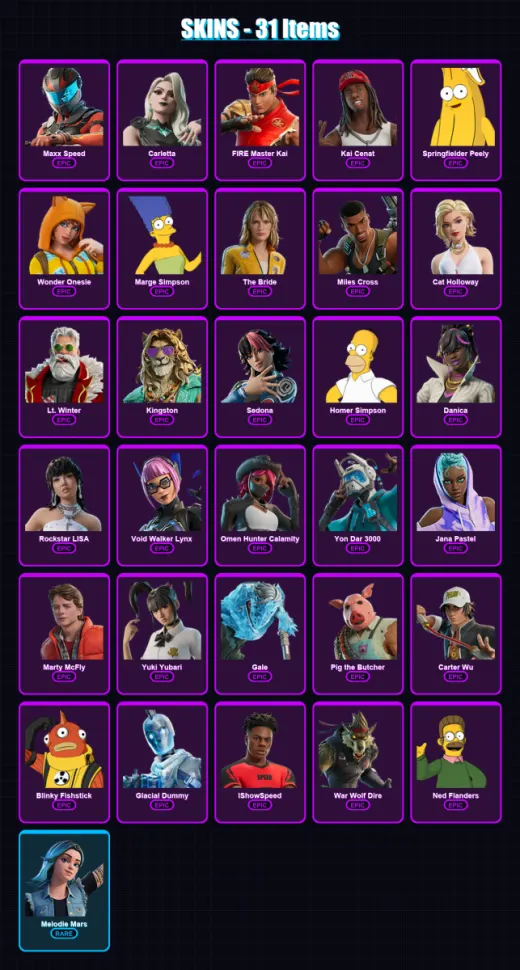 [PC/PSN] | Maxx Speed | Carletta | FIRE Master Kai | Kai Cenat | Springfielder Peely | 31 skin | 70 pickaxe | 41 emote | 38 glider | Lv511