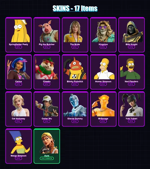 [PC/XBOX/PSN] | Springfielder Peely | Pig the Butcher | The Bride | Kingston | Blitz Knight | 17 skin | 39 pickaxe | 20 emote | 25 glider | Lv317