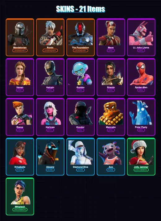 [PC/XBOX] | Mandalorian | Ronin | The Foundation | Mave | Lt. John Llama | 21 skin | 35 pickaxe | 30 emote | 36 glider | Lv560