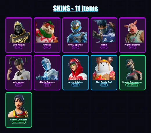 [PS4/PS5/XBOX/PC] | Blitz Knight | Cheeks | UNSC Spartan | Florin | Pig the Butcher | 11 skin | 67 pickaxe | 25 emote | 44 glider | Lv765