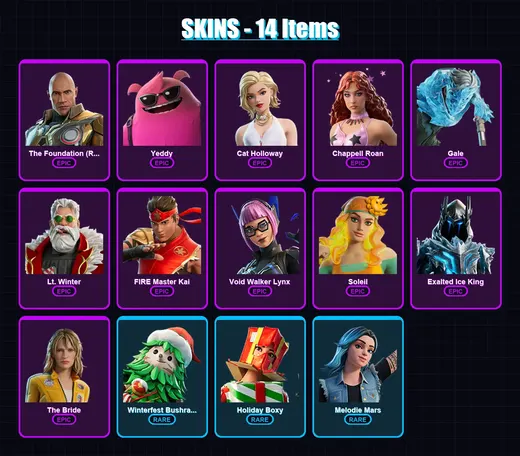 [PC/PSN] | The Foundation (Reforged) | Yeddy | Cat Holloway | Chappell Roan | Gale | 14 skin | 22 pickaxe | 14 emote | 18 glider | Lv151