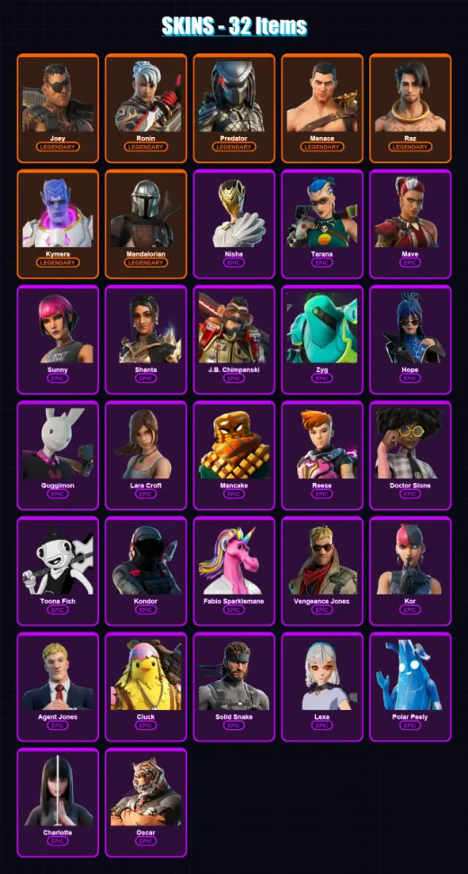 [PC/XBOX/PSN] | Joey | Ronin | Predator | Menace | Raz | 32 skin | 37 pickaxe | 24 emote | 39 glider | Lv451