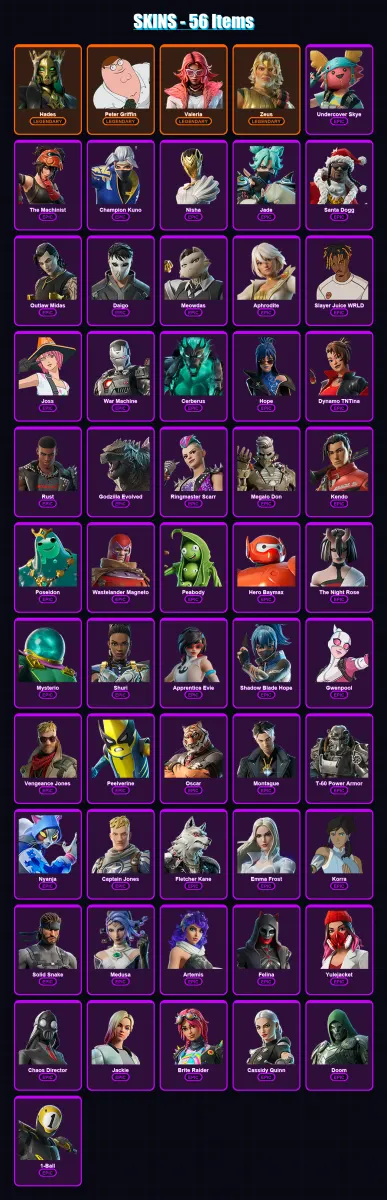 [PC/XBOX/PSN] | Hades | Peter Griffin | Valeria | Zeus | Undercover Skye | 56 skin | 90 pickaxe | 60 emote | 64 glider | Lv1128