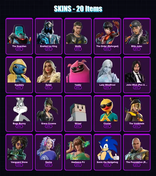 [PC/XBOX/PSN] | The Guardian | Exalted Ice King | Wolfe | The Order (Reforged) | Elite Jules | 20 skin | 39 pickaxe | 23 emote | 32 glider | Lv500 — Game account