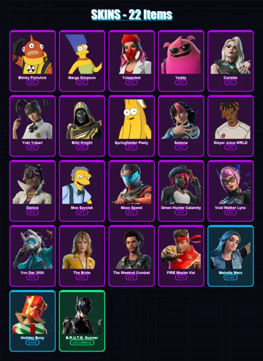 [PC] | Blinky Fishstick | Marge Simpson | Yulejacket | Yeddy | Carletta | 22 skin | 52 pickaxe | 34 emote | 37 glider | Lv521