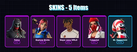 [PS4/PS5/XBOX/PC] | Felina | Explorer Emilie | Slayer Juice WRLD | Yulejacket | Mr. Dappermint | 5 skin | 25 pickaxe | 9 emote | 18 glider | Lv204 — Game account