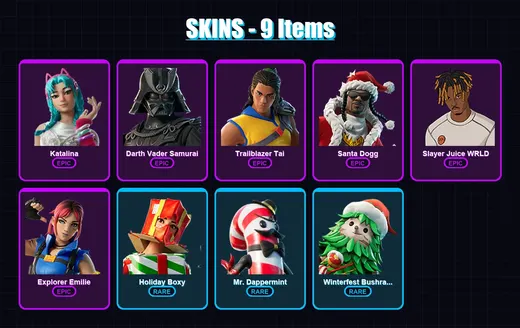 [PC/XBOX/PSN] | Katalina | Darth Vader Samurai | Trailblazer Tai | Santa Dogg | Slayer Juice WRLD | 9 skin | 14 pickaxe | 7 emote | 10 glider | Lv97