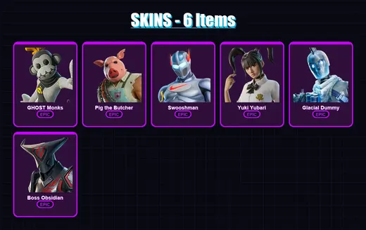 [SWITCH/XBOX/PSN/PC] | GHOST Monks | Pig the Butcher | Swooshman | Yuki Yubari | Glacial Dummy | 6 skin | 51 pickaxe | 17 emote | 30 glider | Lv496