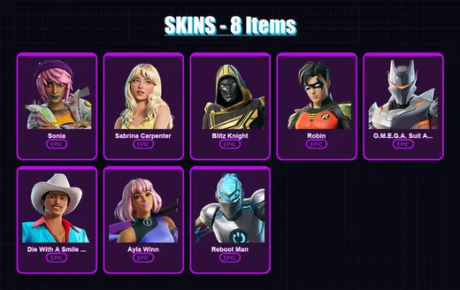 [PC/XBOX/PSN] | Sonia | Sabrina Carpenter | Blitz Knight | Robin | O.M.E.G.A. Suit Alpha | 8 skin | 9 pickaxe | 4 emote | 7 glider | Lv20 — Game account